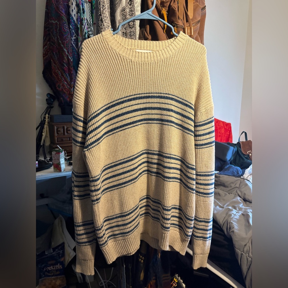 Old Navy Beige and Blue Striped Crewneck Sweater